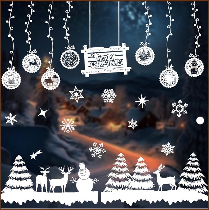 Kerst Raamstickers met sneeuwpop en kerstballen - Herbruikbaar & Statisch Hechtend - 50x35.5 cm-wit