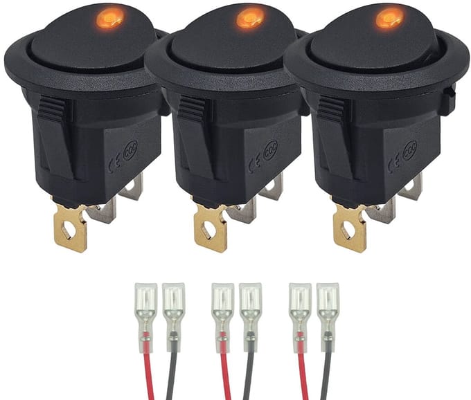 ProRide Wipschakelaar ON-OFF KCD2-12 - met Aansluitkabels - 3 pins - Rond - 12V/20A - LED indicator Oranje - 3 stuks