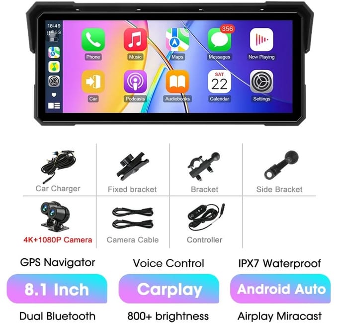 NordHaus Motorfiets Navigatiescherm - GPS Navigator - 4K DVR Recorder - Draadloze CarPlay & Android Auto - 8.1 Inch Met Controller