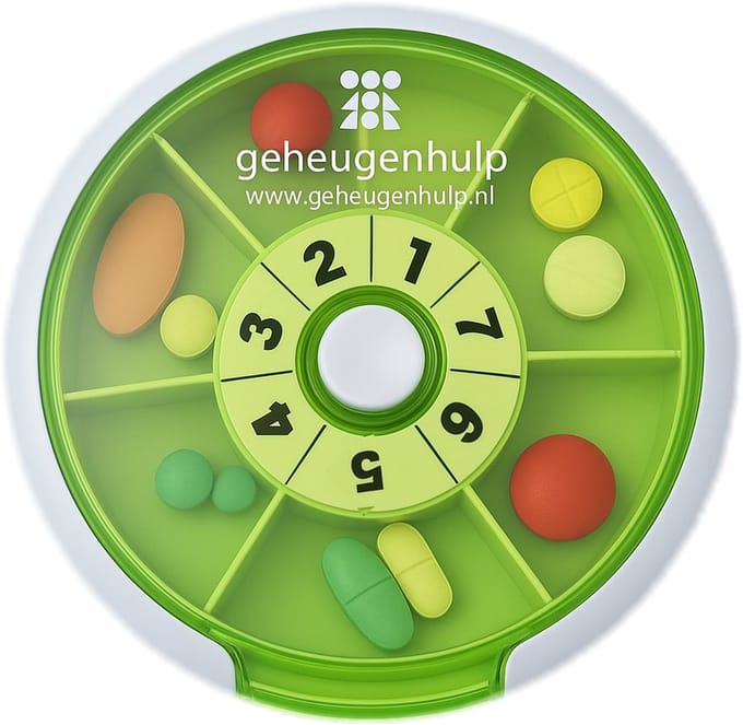Ronde pillendoos – 7 vakjes – Drukknop – Groen – 9 cm – Geheugenhulp
