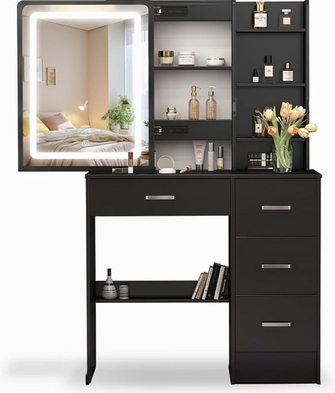 Make-uptafel met professionele LED-verlichting - Make-uptafel 80 cm met uitschuifbare spiegel, geïntegreerde opbergruimte, zwart