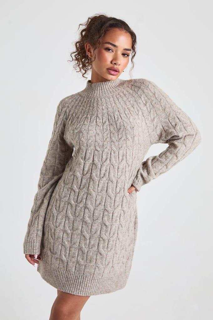 boohoo Dames Gebreide mini-jurk met hoge hals en kabeldetail | Stone | Maat: Medium