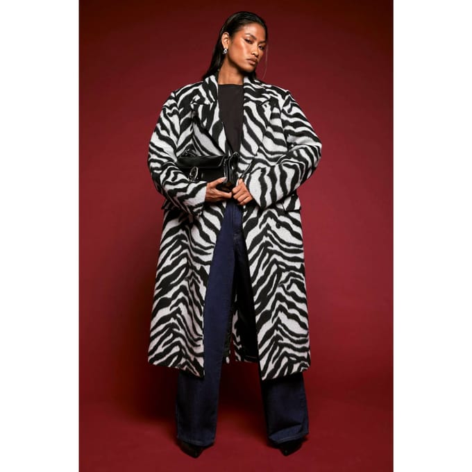 boohoo Dames Maxi Zebra Wollen Look Jas | Zebraprint | Maat: 38