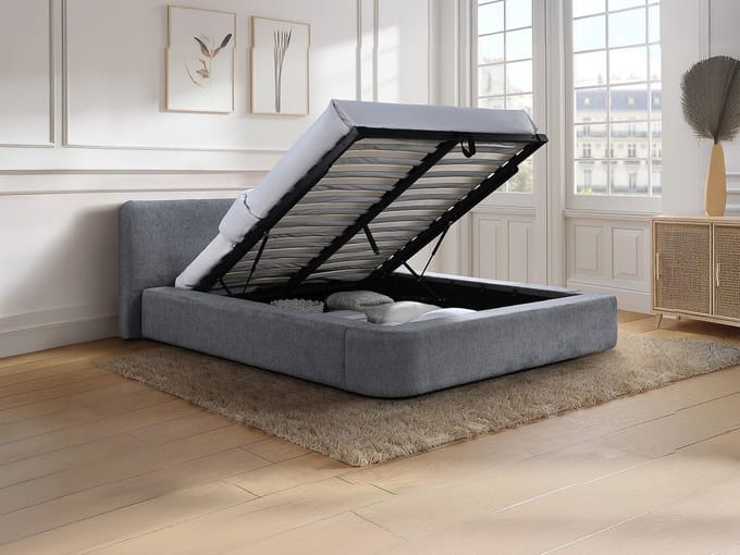 Vente-unique Bed met opbergruimte stof grijs 180 x 200 cm (Super King Size Bed)