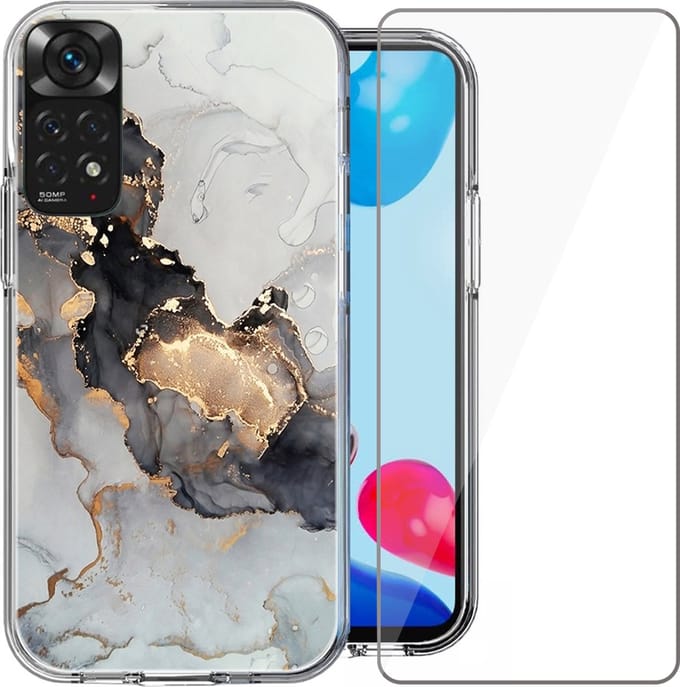 Hoesje geschikt voor Xiaomi Redmi Note 11 - Back Cover Siliconen Case Marmeren Hoes Wit + Screen Protector Gehard Glas Screenprotector