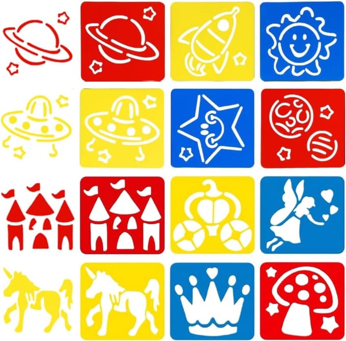 Creatieve Schildertemplates voor Kinderen, 12 Stuks, Herbruikbare Stencils voor Schilderen, Tekeningen en DIY Knutselprojecten (15 x 14 cm)