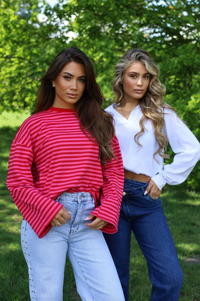 Getdrezzed Top - Maat: S - Gestreepte longsleeve in fuchsia en rood