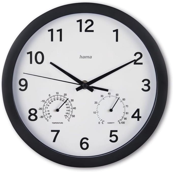 Stille Wandklok met Hygrometer en Thermometer, Ø 25 cm, Zwart