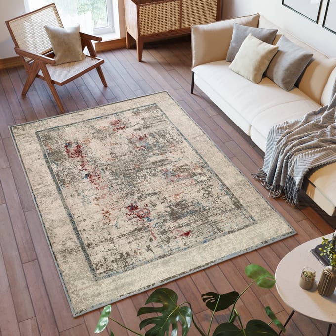Tapiso Retro Vloerkleed Grijs Rood Blauw Frame Modern Tapijt Maat- 160x220