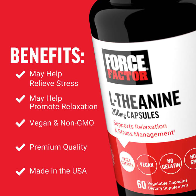Force Factor, l-theanine, hoge sterkte, 200mg, 60 plantaardige capsules