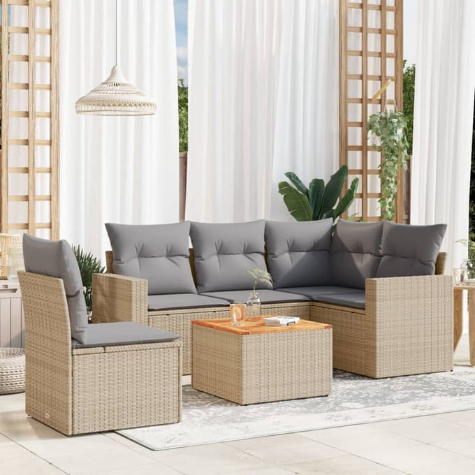vidaXL - 6-delige - Loungeset - met - kussens - poly - rattan - beige