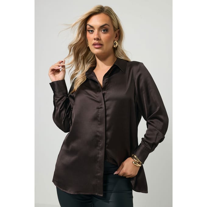 Yours London Curve Chocoladebruine Satijnen Blouse Size 52