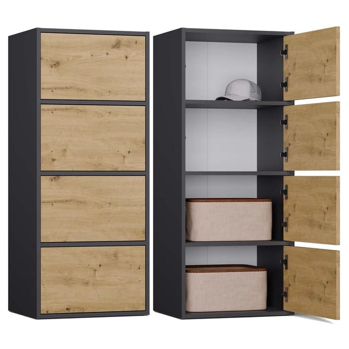 MALWA Alma - Dressoir / opbergkast - TIP-ON greeploos - 4 deuren - Antraciet en Eiken Artisan