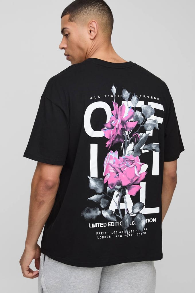Oversized Rose Print Officiële T-Shirt | Black | Size Medium