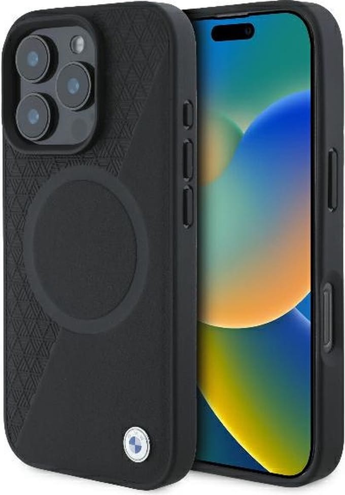 BMW Signature Leather Half Textured & Circle MagSafe case for iPhone 16 Pro - black
