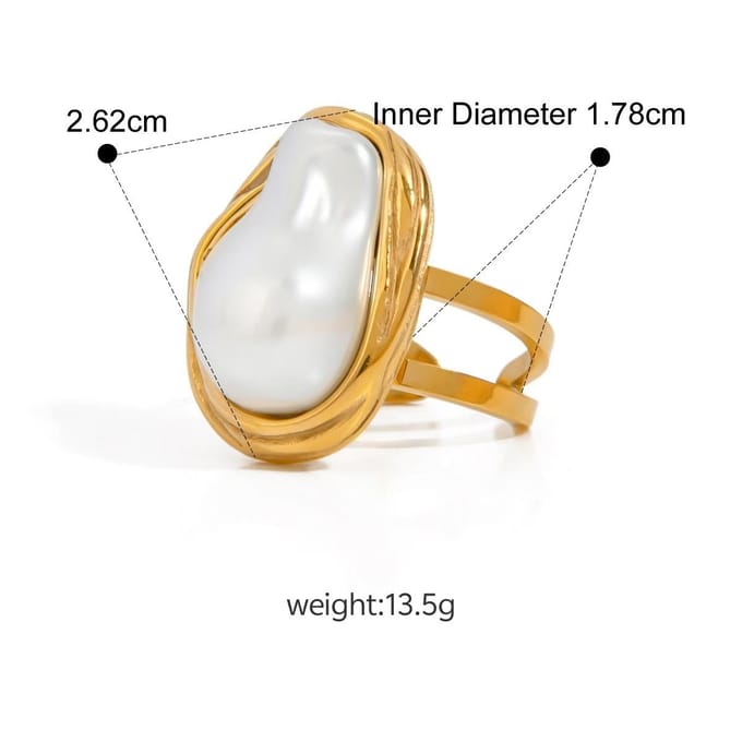 Bague ouverte en acier inoxydable avec perle baroque pour femme or