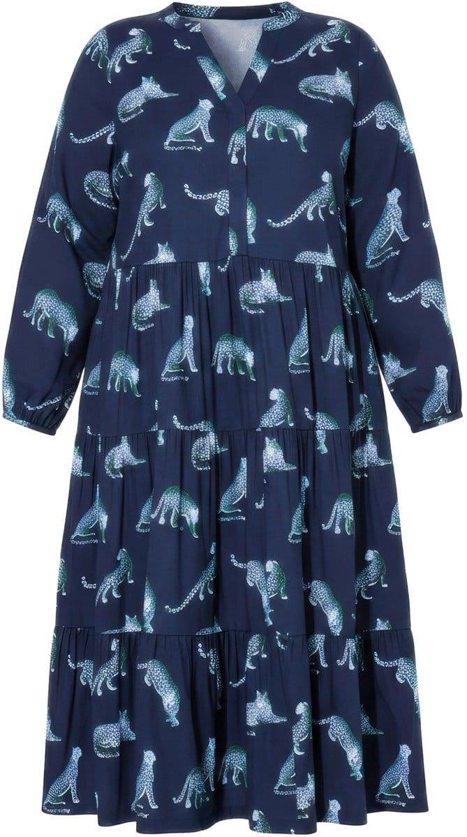Studio Untold - Dames - Maxi-jurk luipaarden V-hals volants - Marine - Maat 54+
