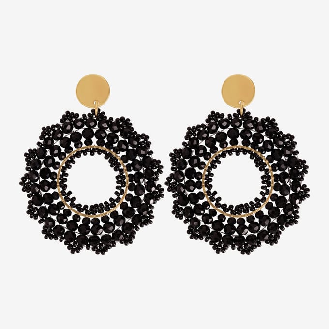 Eleganza Black Beads Round Earrings Gold