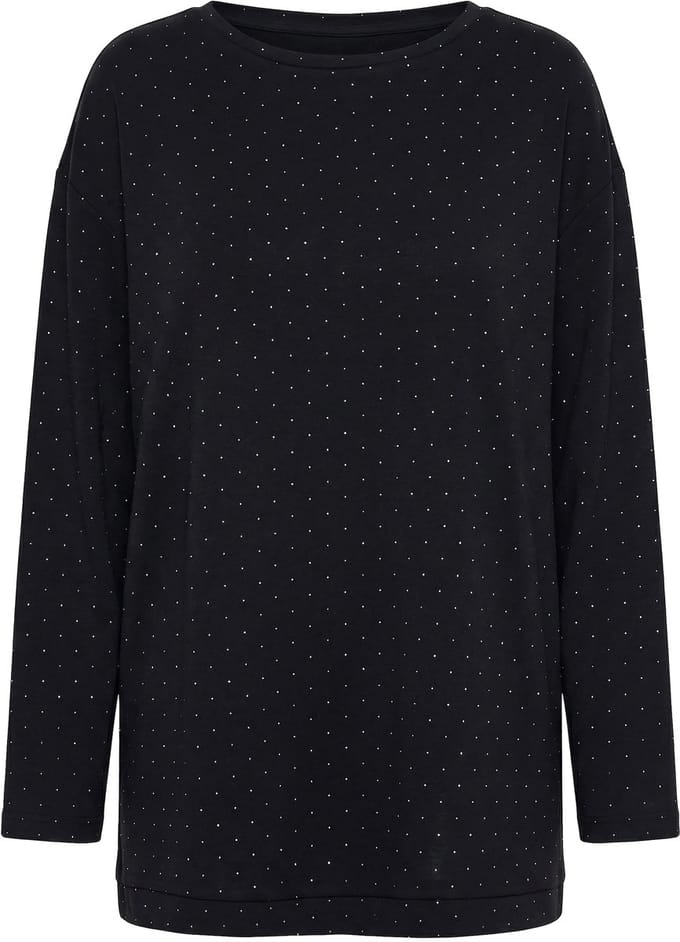 MIAMODA - Dames - Sweatshirt Boxy Fit scuba-sweatstof glittersteentjes - Zwart - Maat 50