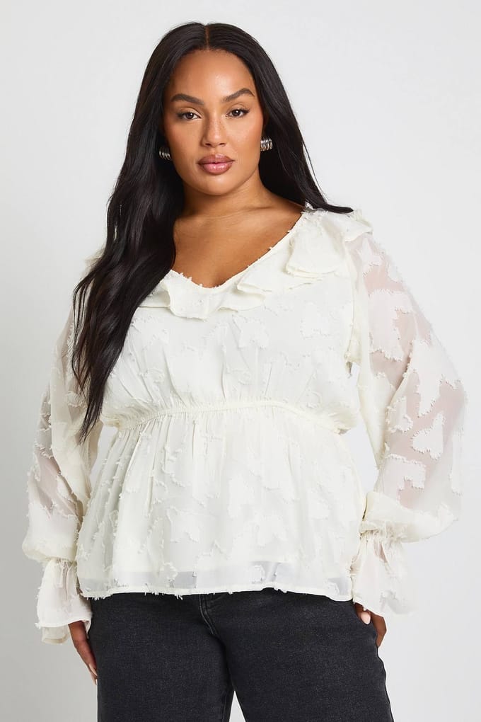 boohoo Dames Plus Volant Burnout Blouse | Ivoor | Maat: 44