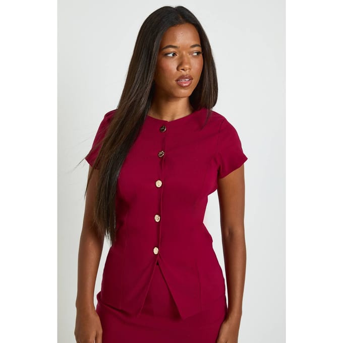boohoo Dames Bengaline Top met Korte Mouwen en Knoopsluiting | Bordeaux Rood | Maat: 38