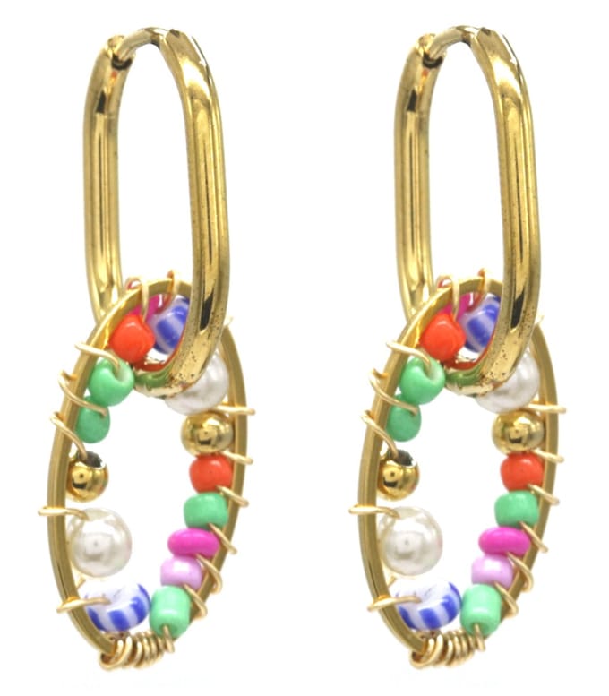 Oorbellen met Glaskralen - Oorringen - RVS - 4 cm - Goudkleurig