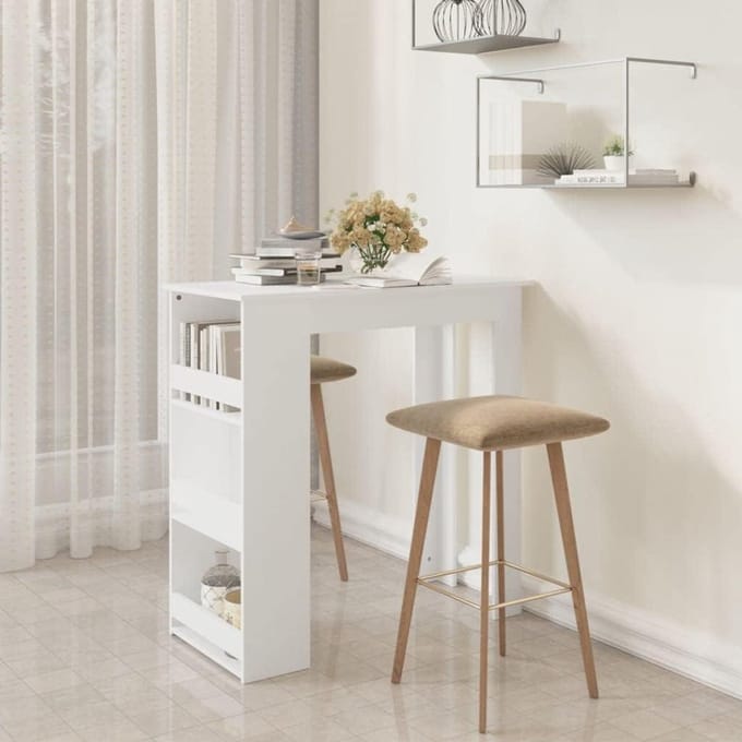 Bartafel met Opslag - Keukentafel - Kleine Ruimtes - Drie Opbergvakken - 102 cm - Wit