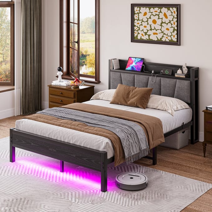 MODFU Bedframe 140x190 cm – zwart MDF/metaal – met LED, USB en stopcontact – hoog gestoffeerd hoofdbord