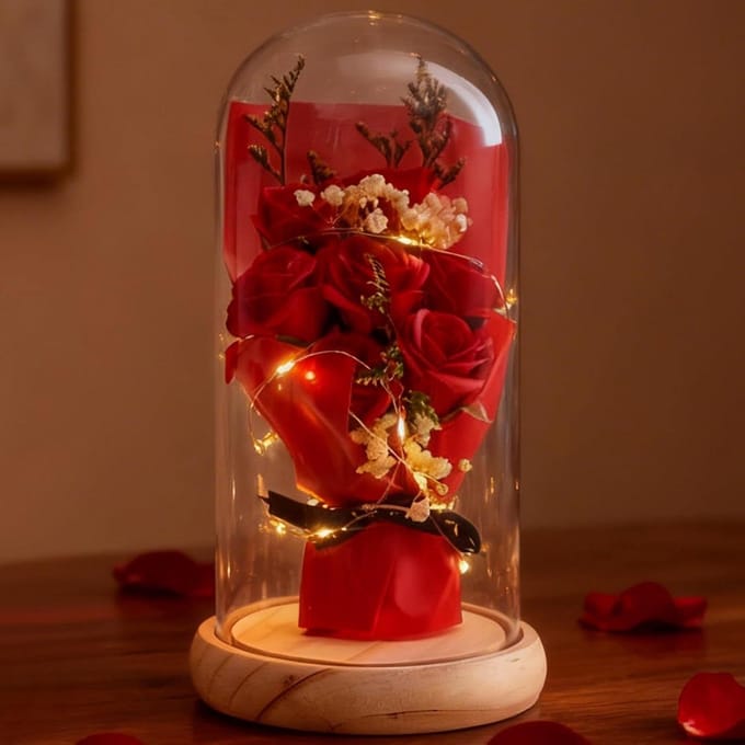 Eeuwige Roos - Geconserveerde Bloem Terrarium - Romantisch Cadeau - Met LED Verlichting - 360 Gram - Dieprood