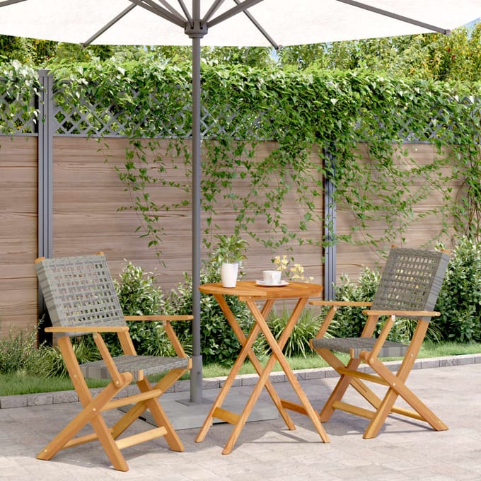 vidaXL - 3-delige - Bistroset - poly - rattan - en - massief - hout - grijs