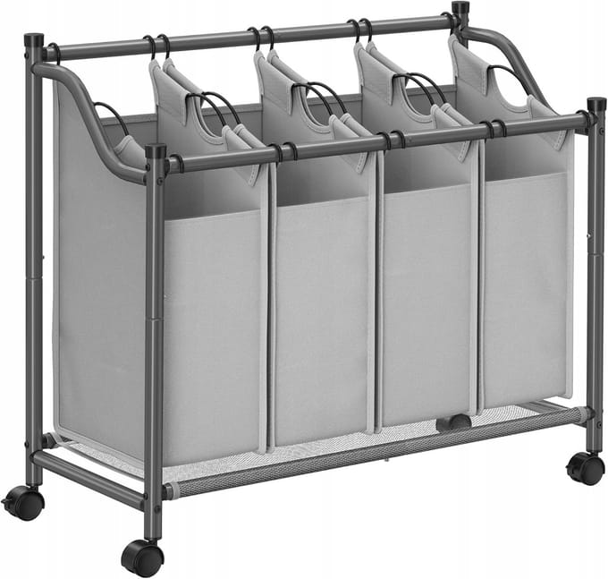 Wasmand met 4 compartimenten, wielen en afneembare zakken - 140L