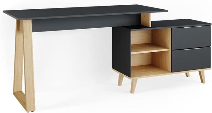 Bureau 138 cm met laden, antraciet en beukenhout, Scandinavisch design, XL