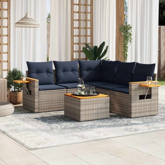 vidaXL - 6-delige - Loungeset - met - kussens - poly - rattan - grijs