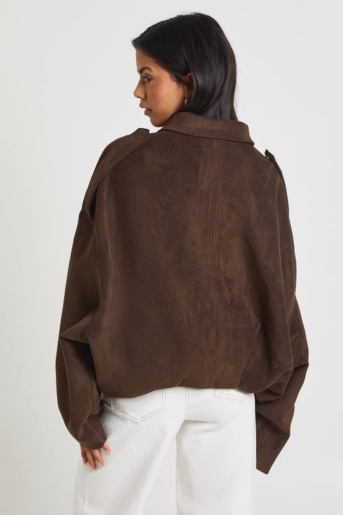 boohoo Dames Suede Bubble Zoom Bomber Jacket | Chocoladebruin | Maat: 40
