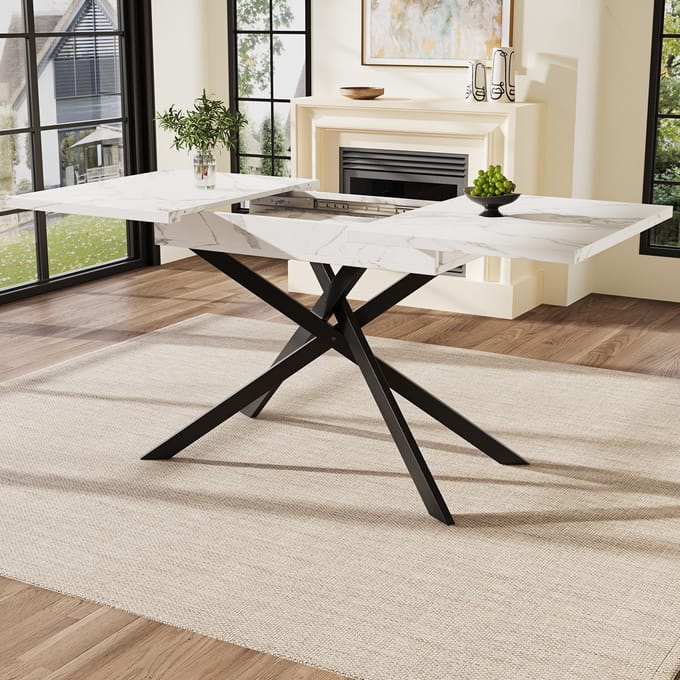REDOM Eettafel uitschuifbaar 120-160x80x76.5 cm van MDF en metaal, wit marmerprint met zwart kruisframe