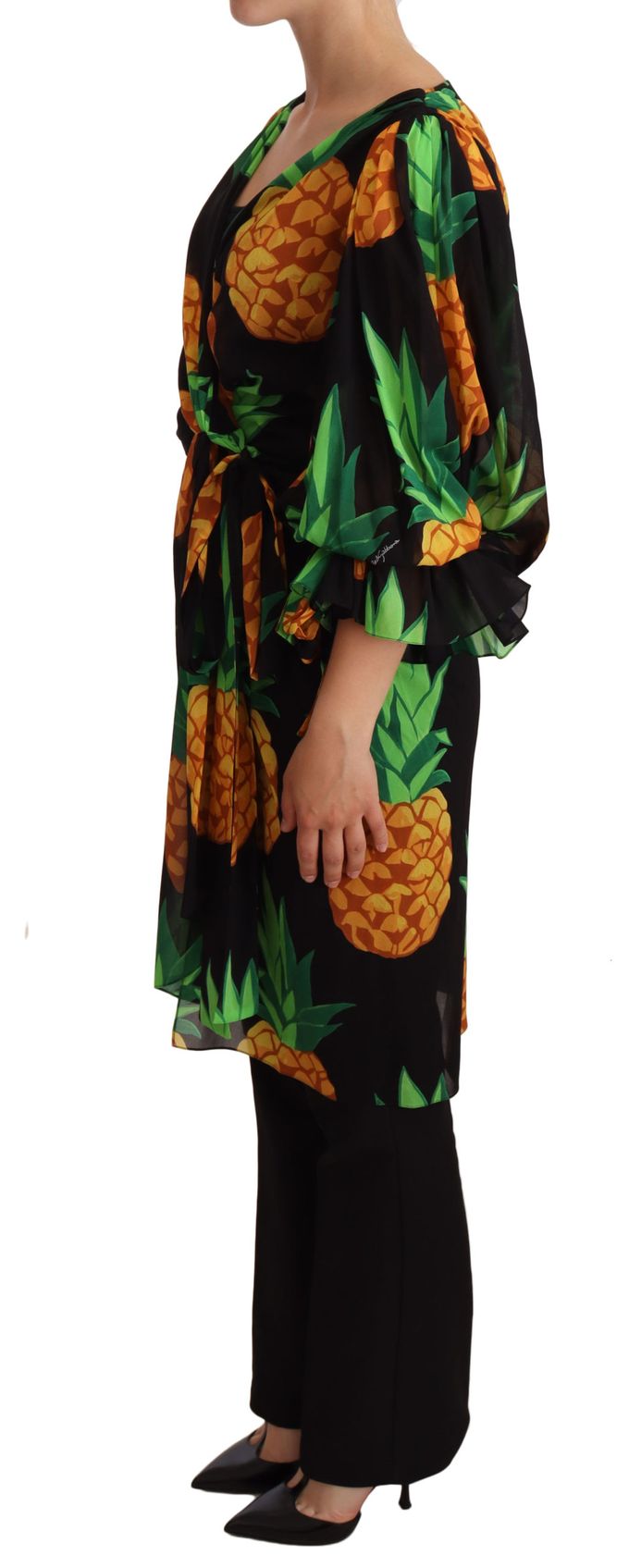 Dolce & Gabbana Dames Zwarte Ananasprint Wikkel Stretch Zijden Jurk