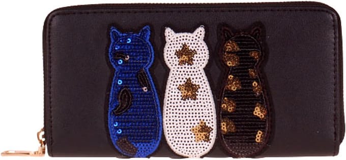 zwarte portemonnee drie katjes - 20x11cm
