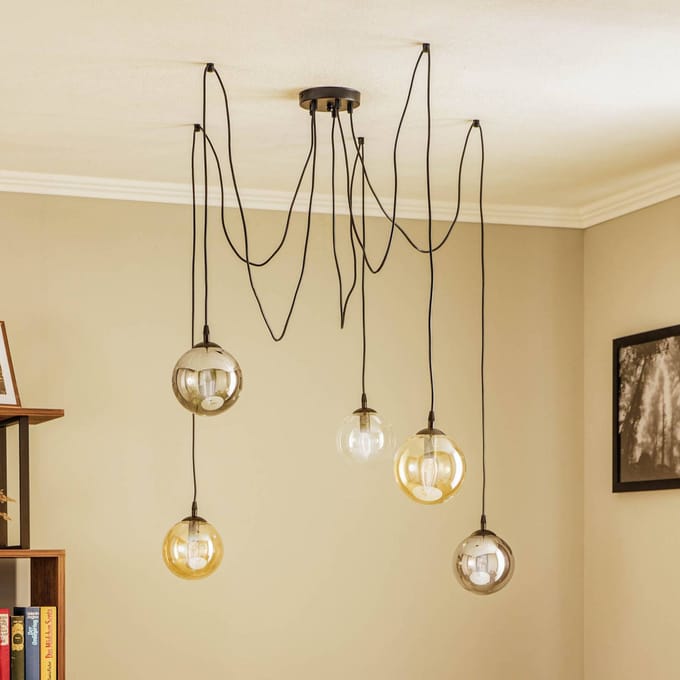 EMIBIG LIGHTING Hanglamp Glassy, 5-lamps, zwart, grafiet/amber/helder, E14