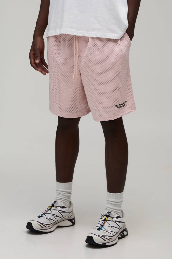 Baggy Fit Bedrukte Mesh Jersey Short | Dusty Pink | Size Medium