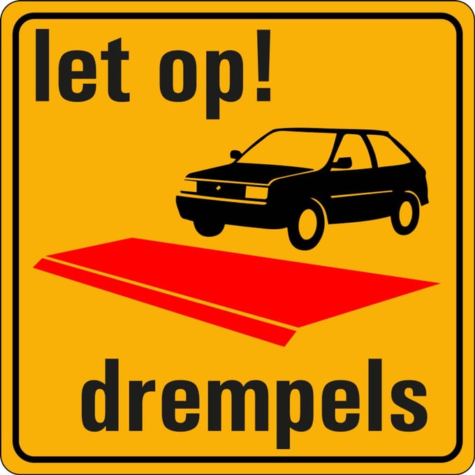 Let op drempels bord, kunststof 100 x 100 mm