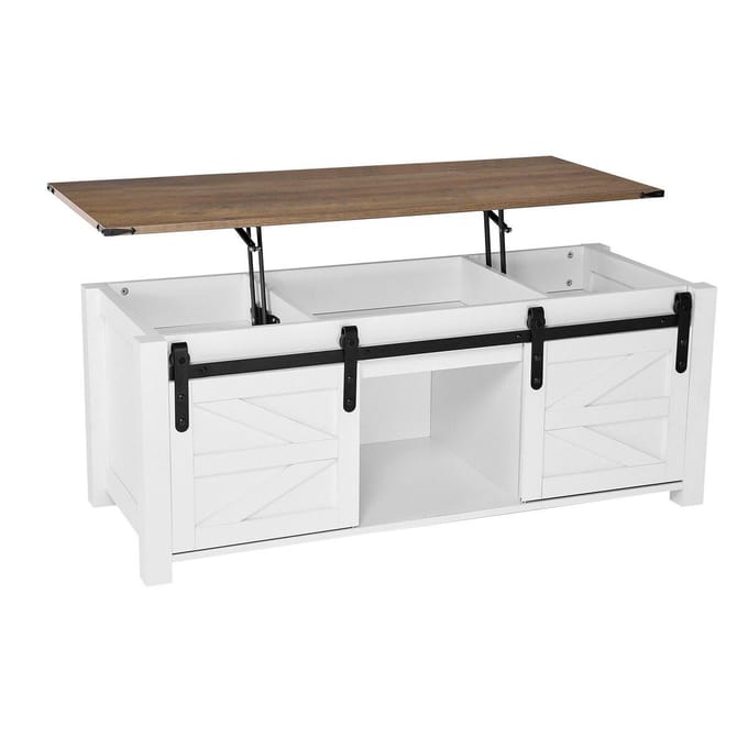 Table basse de ferme avec plateau relevable 1200 mm, Table centrale rustique avec porte de grange et compartiment de rangement caché, Plateau rectangulaire moderne relevable pour