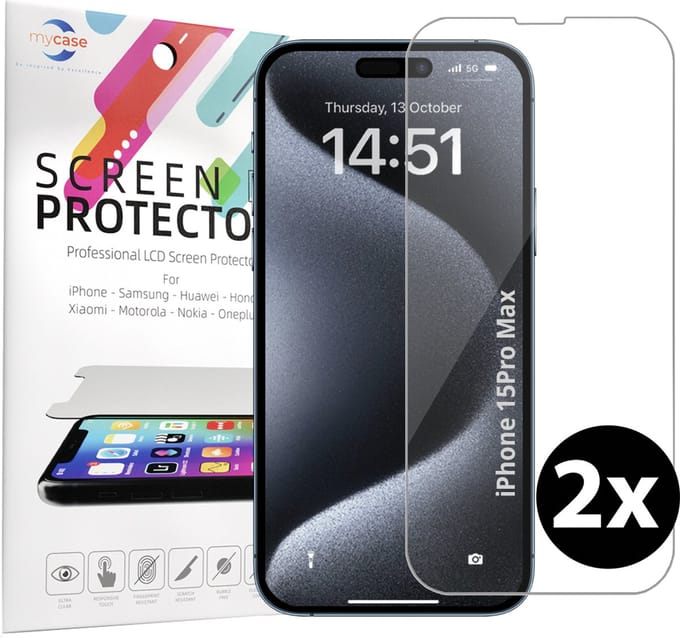 Screenprotector - Geschikt voor iPhone 15 Pro Max Tempered Glass - 2 stuks screen protector – beschermglas