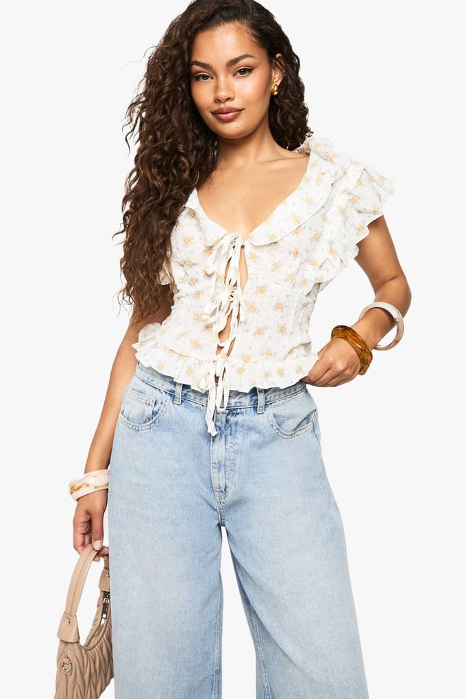 boohoo Dames Geweven bloemenprint tie-front top | White | Maat: XS