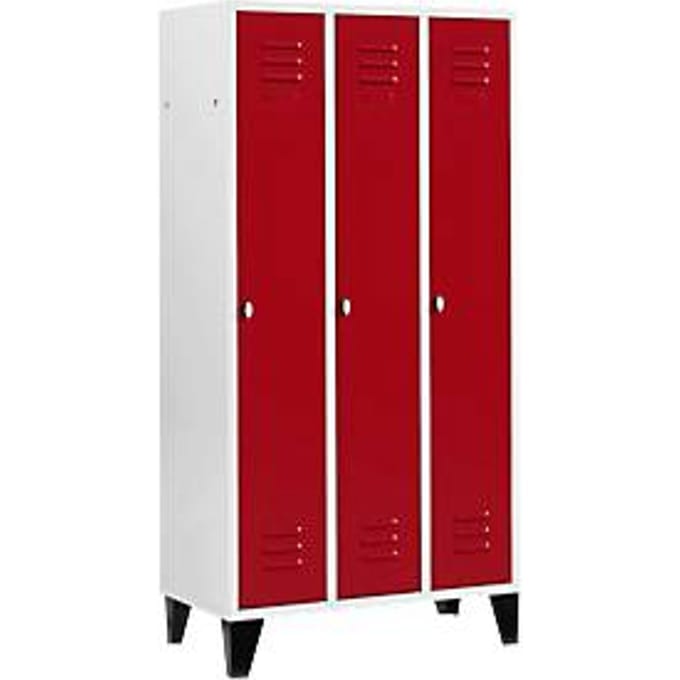 Kledinglocker met 3 compartimenten, 300 mm, draaigrendelslot, met poten, Deur robijnrood