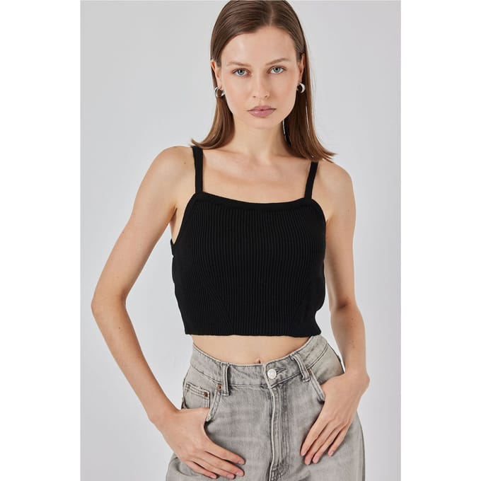 Vierkante Kraag Geribbelde Gebreide Crop Top