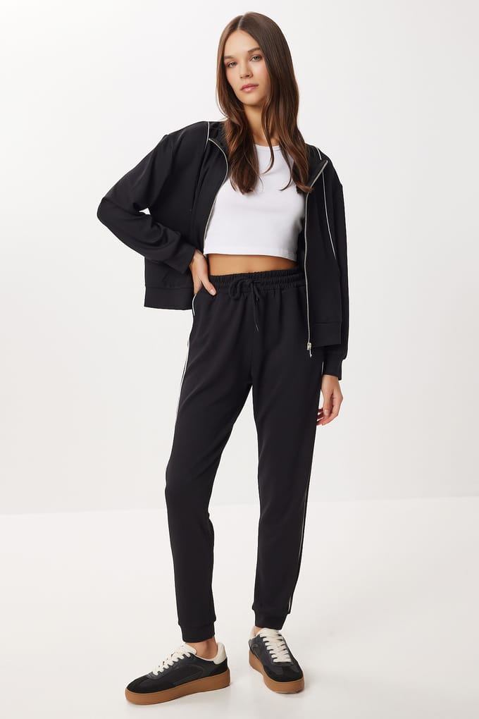 Contrasterende Binding Gedetailleerde Rits Sweatshirt & Jogger Tweedelige Set