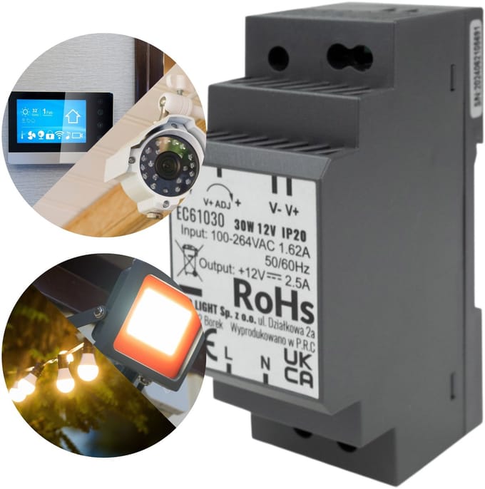 Voeding LED gemonteerd op rail DIN 30W 12V 2.5A 90,5x34x58,5 mm