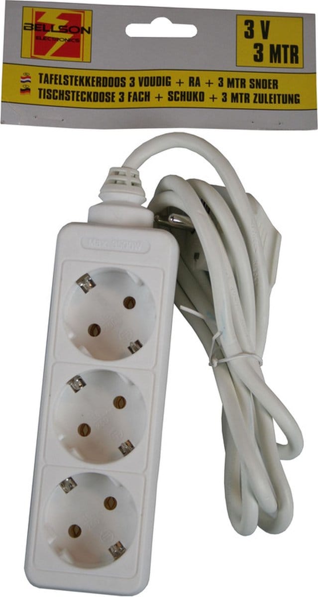 2x stekkerdoos - 3-voudig - wit - 3 meter snoer - randaarde - verlengsnoeren