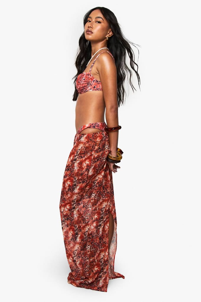 boohoo Dames Premium Swim Abstract Mesh Maxi Strandrok | Orange | Maat: 8