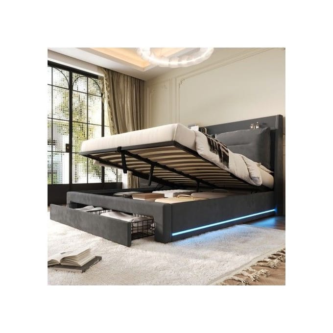 Lit d'appoint - MUVOE - 140x190 cm - Velours gris - LED réglable - Rangement multifonctionnel